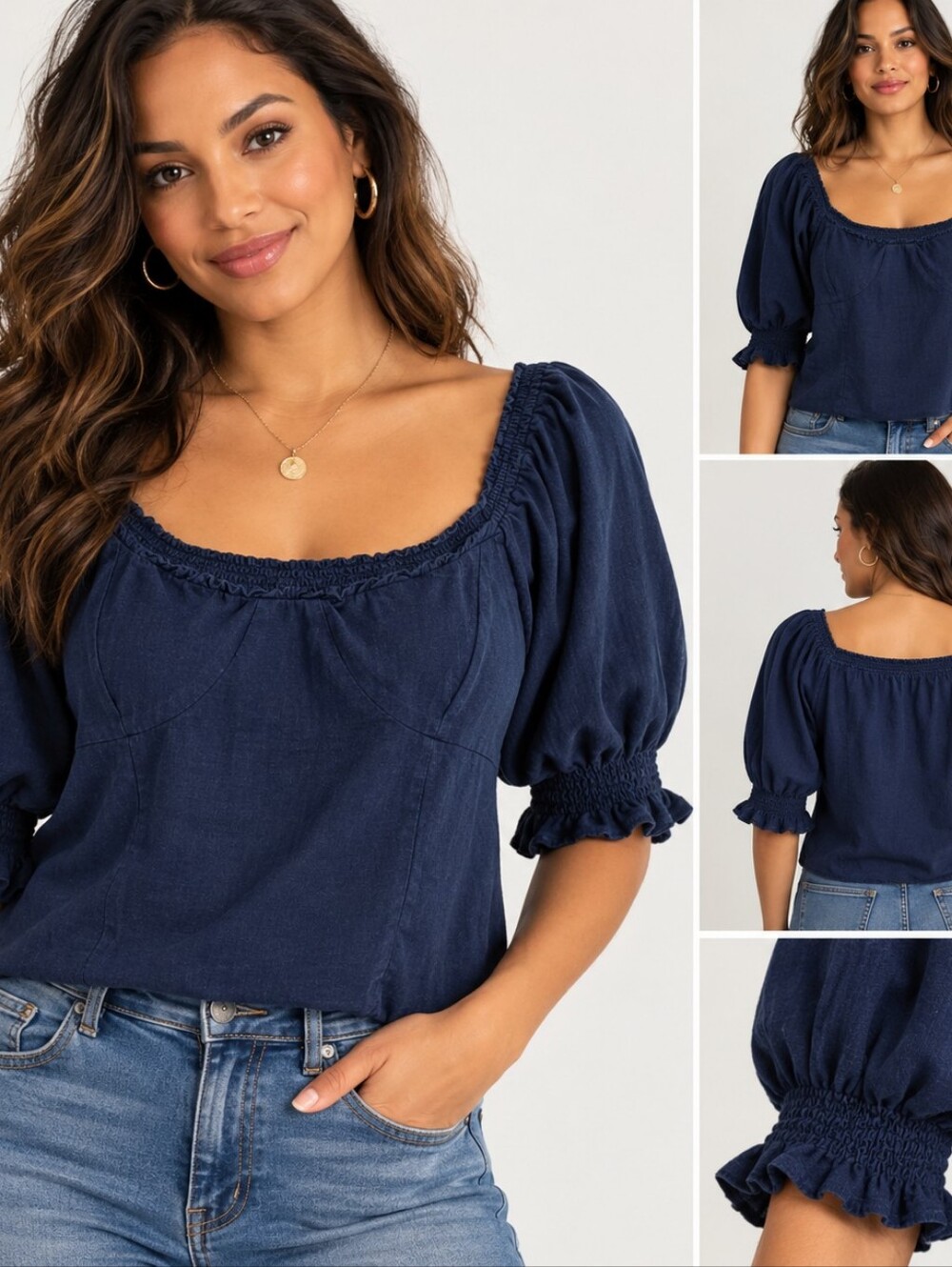Daisy & Delilah Women's Indigo Smocked Square-Neck Puff Sleeve Top Boho Size XL